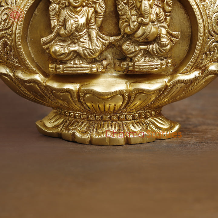 Brass Lakshmi Ganesh Engraved in Kalash, Inviting Prosperity and Fortune, Fine Golden Finish, 9"