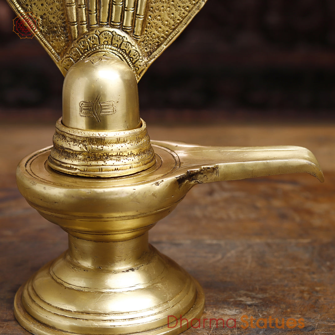 Brass ShivLing Statue, Embraced by Seven-Headed Serpent , Golden Finish 13"