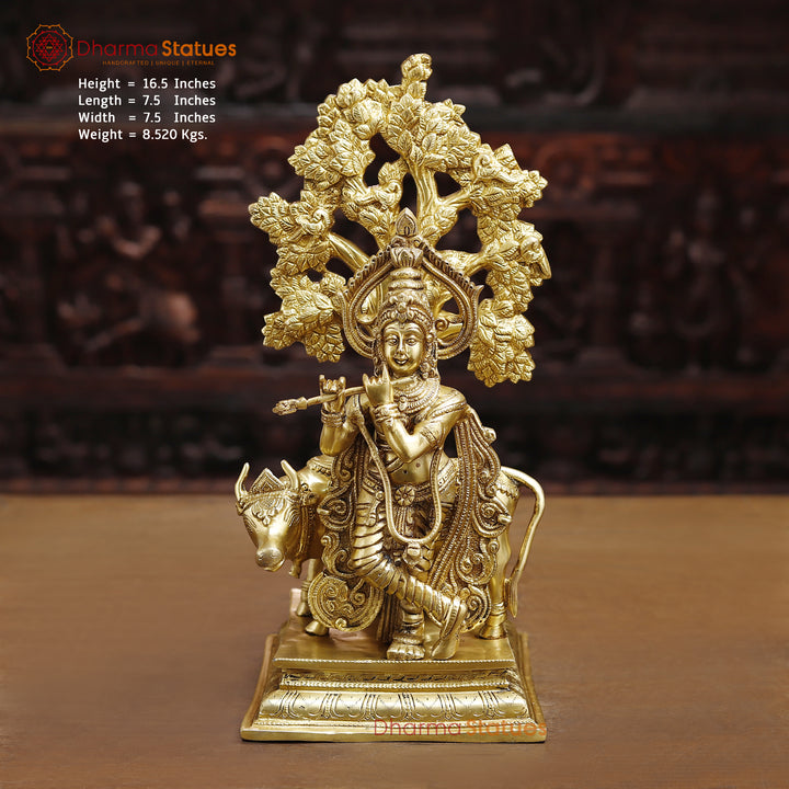 Brass Lord Krishna Idol, Krishna Under the Tree Besides Cow, Golden Fine Work 16.5" Front View