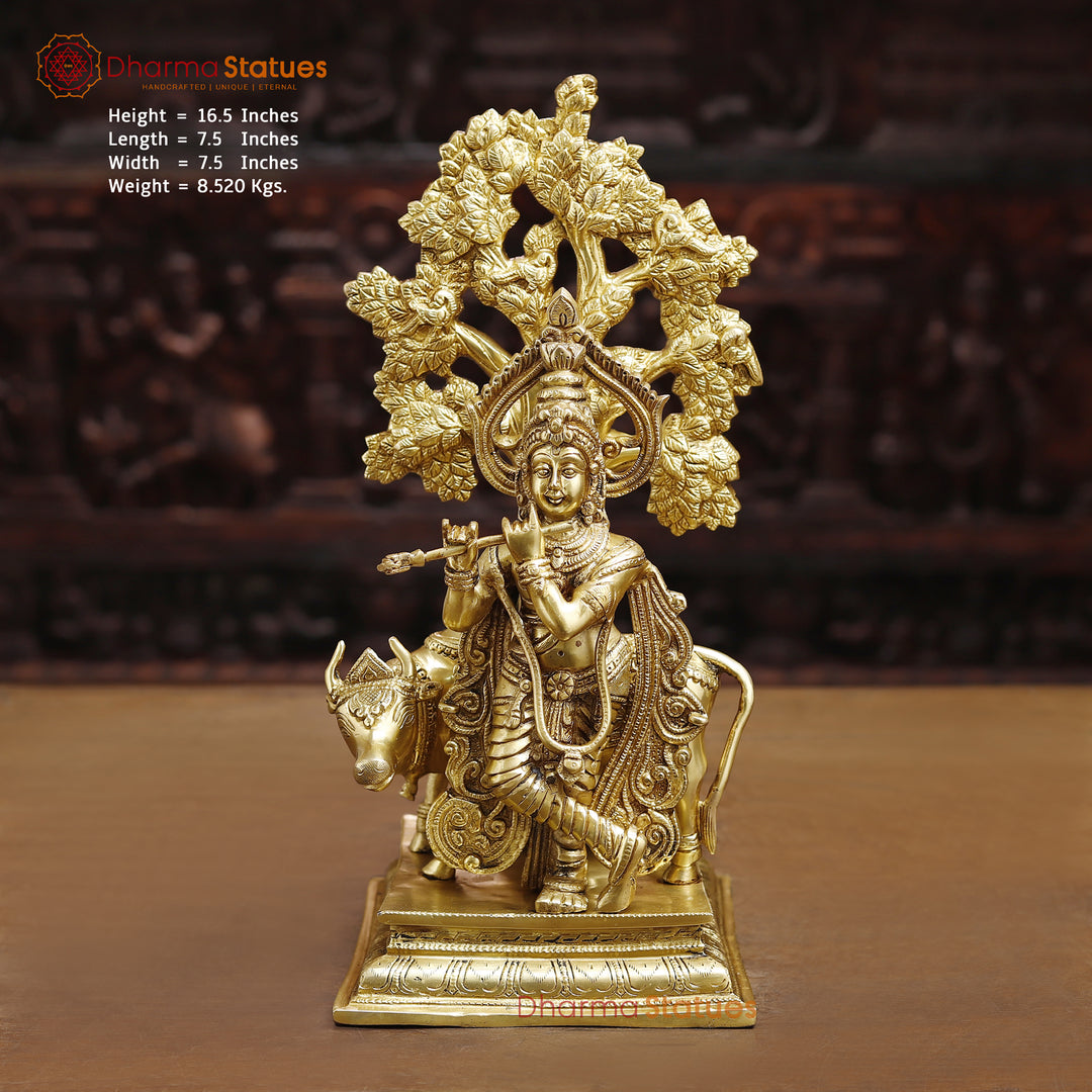 Brass Krishna Statue, Playing Flute Besides Cow, Fine Golden Finish 16.5" Front View