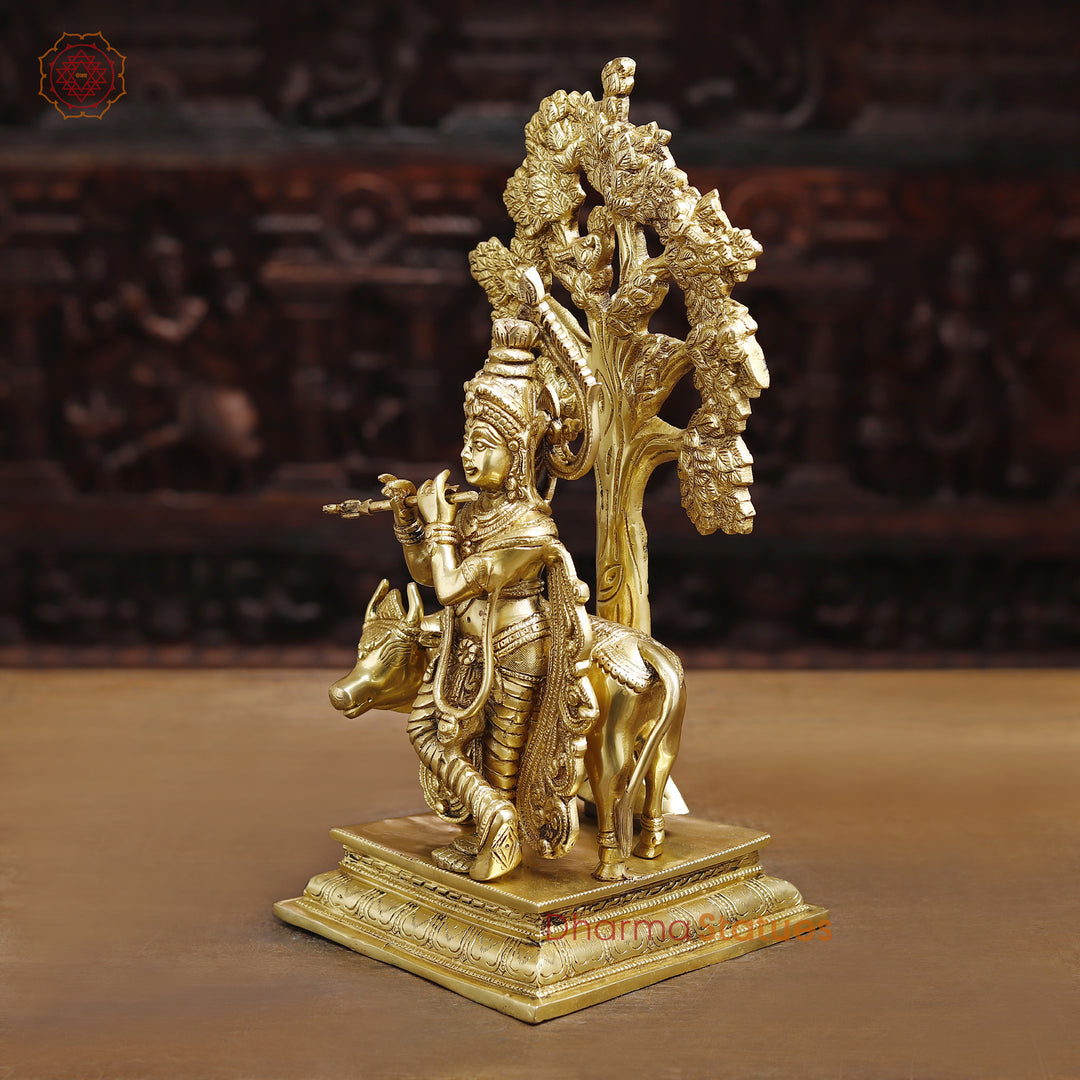 Brass Lord Krishna Idol, Under the Tree Besides Cow, Golden Fine Work, 16.5"