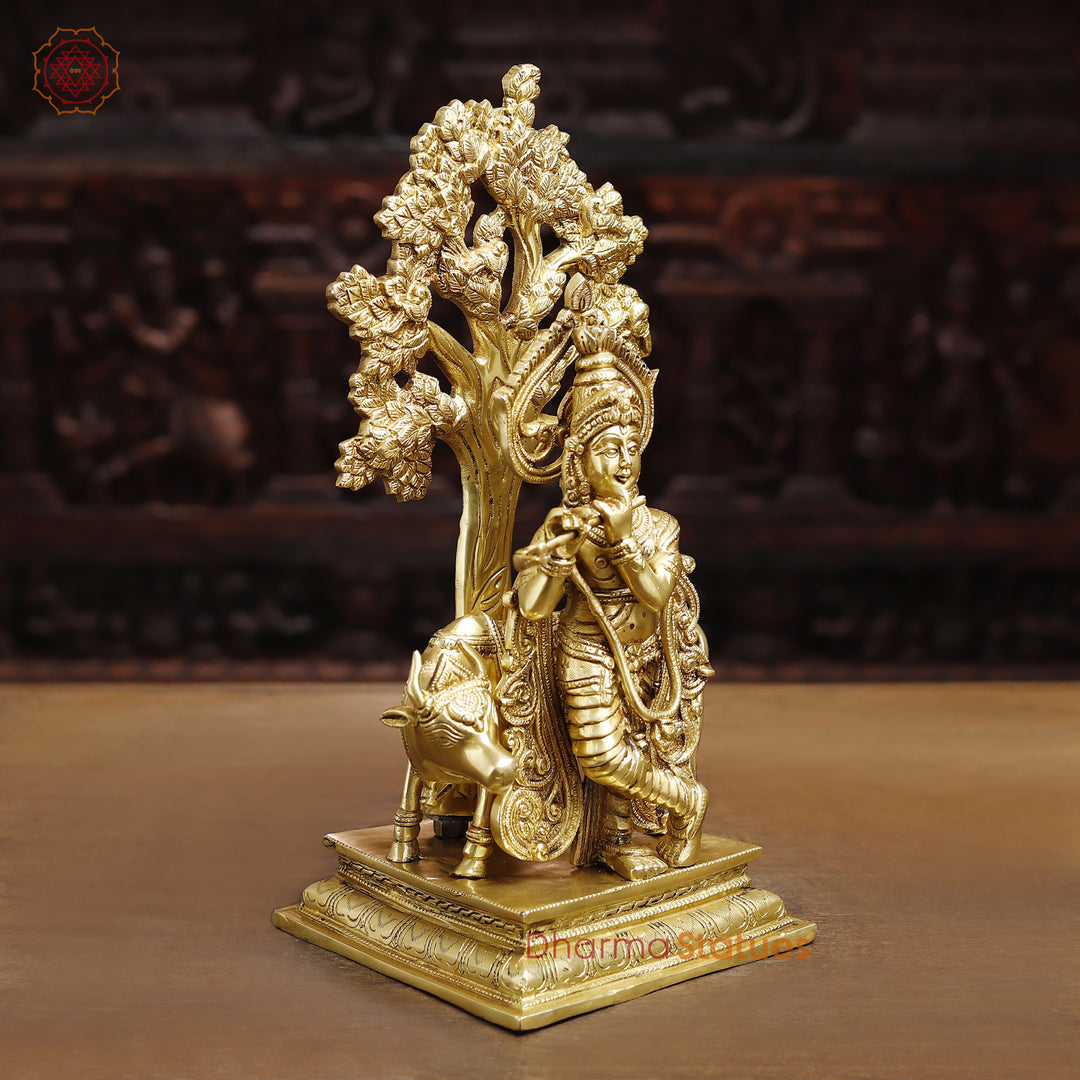 Brass Lord Krishna Idol, Under the Tree Besides Cow, Golden Fine Work, 16.5"