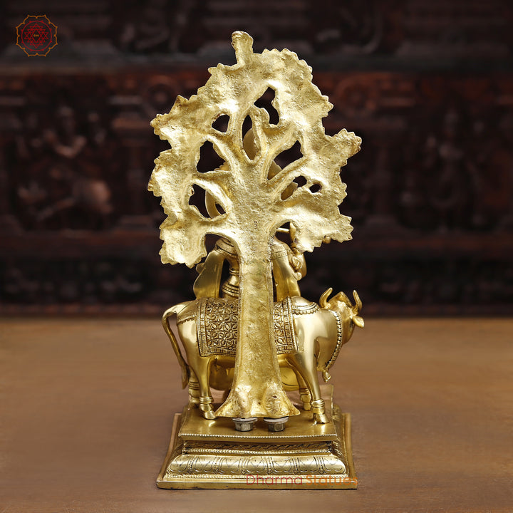 Brass Lord Krishna Idol, Under the Tree Besides Cow, Golden Fine Work, 16.5"