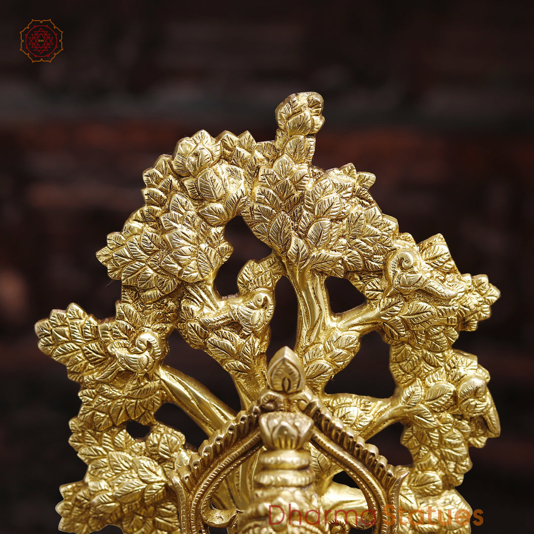 Brass Lord Krishna Idol, Under the Tree Besides Cow, Golden Fine Work, 16.5"