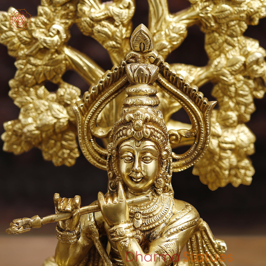 Brass Lord Krishna Idol, Under the Tree Besides Cow, Golden Fine Work, 16.5"