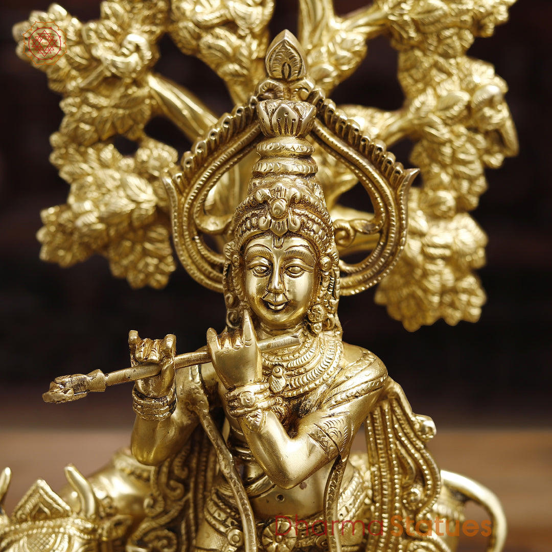 Brass Lord Krishna Idol, Under the Tree Besides Cow, Golden Fine Work, 16.5"