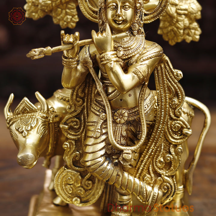 Brass Lord Krishna Idol, Under the Tree Besides Cow, Golden Fine Work, 16.5"