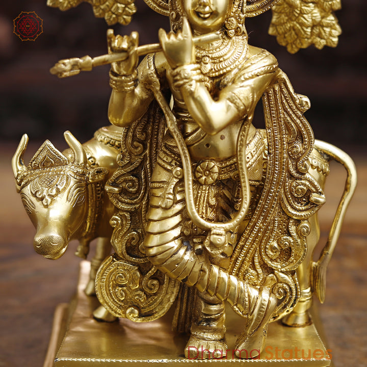 Brass Lord Krishna Idol, Under the Tree Besides Cow, Golden Fine Work, 16.5"