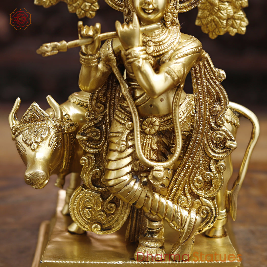 Brass Krishna Idol, Playing Flute Besides Cow, Fine Golden Finish 16.5"