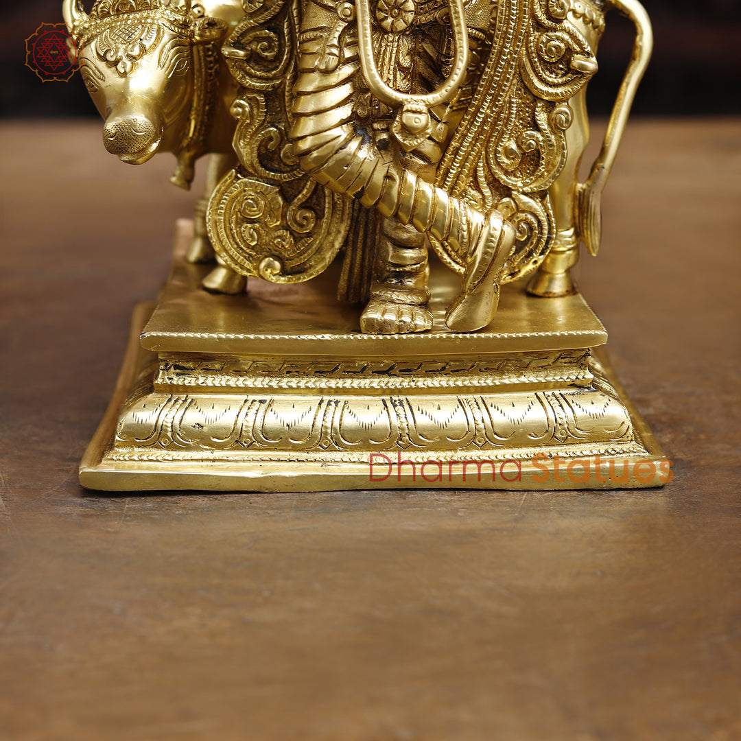 Brass Lord Krishna Idol, Under the Tree Besides Cow, Golden Fine Work, 16.5"