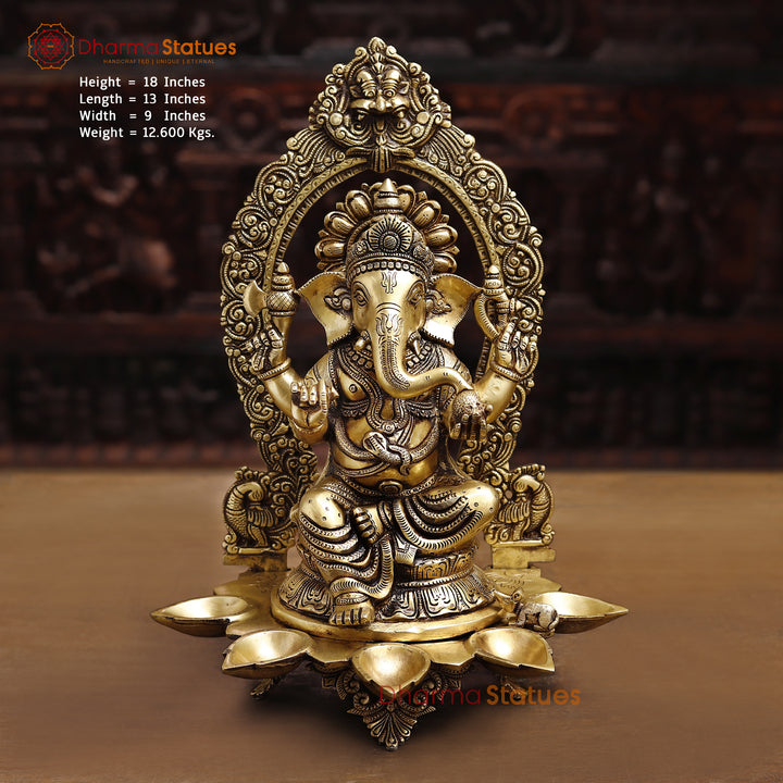 Brass Lord Ganesha Idol, Blessing Ganesha, Golden Fine Finish 18" Front View