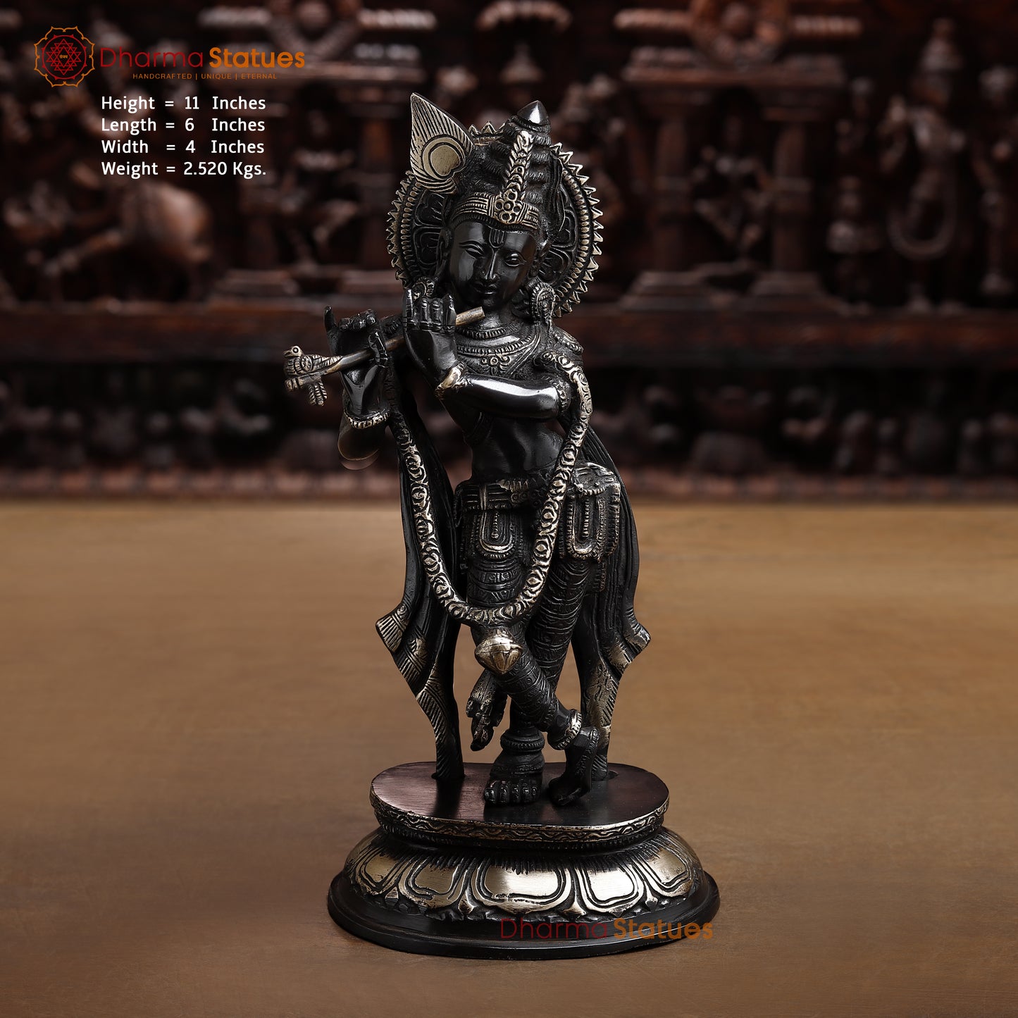 Brass Krishna Playing Flute, Black Patina & Golden Finish, 11"