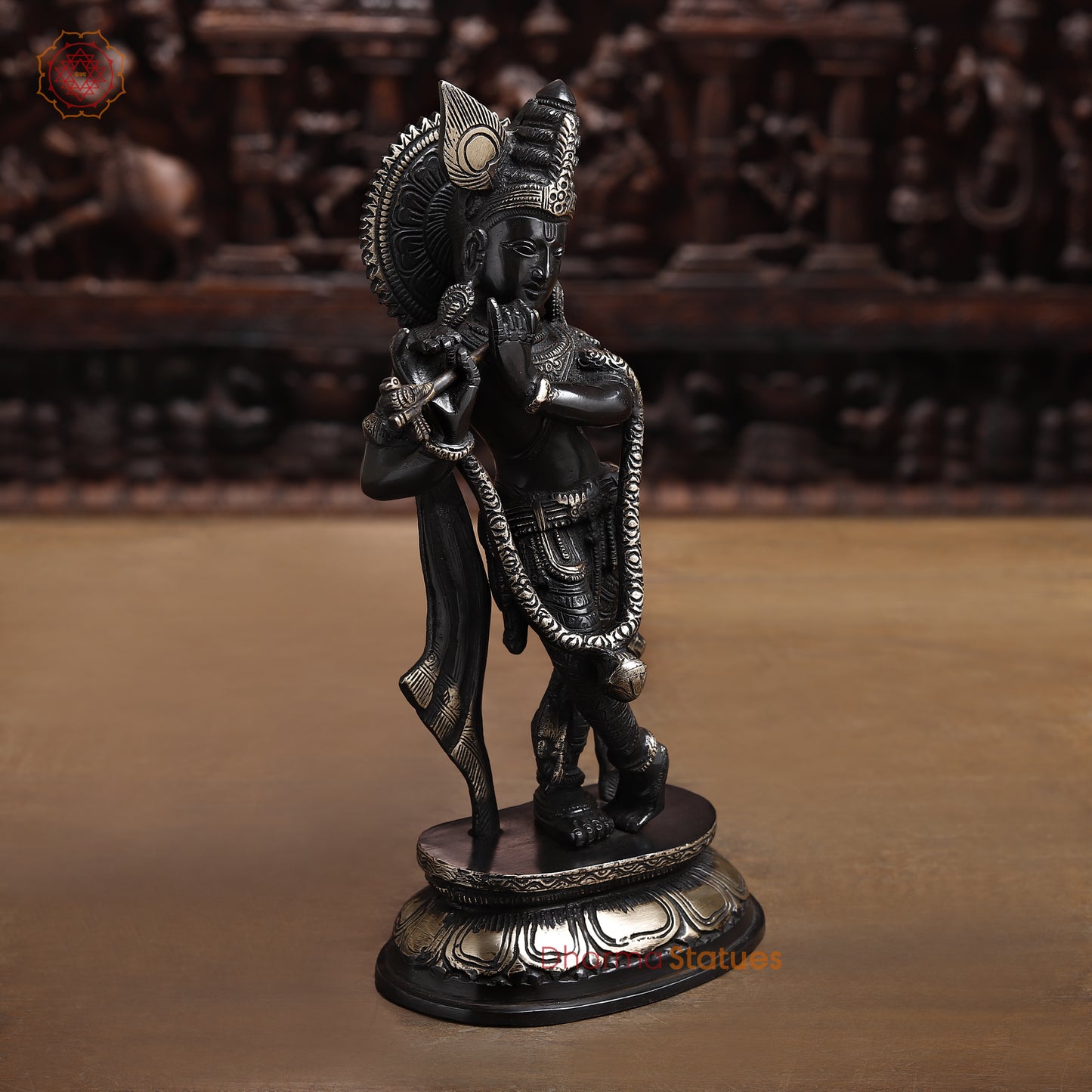 Brass Krishna Playing Flute, Black Patina & Golden Finish, 11"