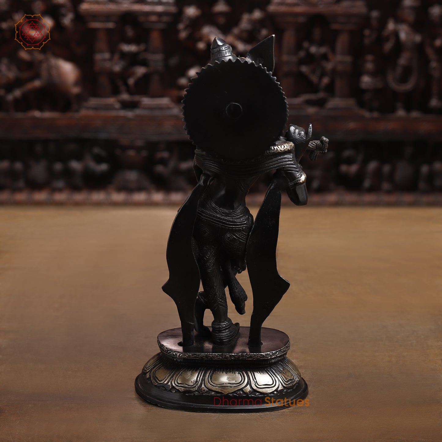 Brass Krishna Playing Flute, Black Patina & Golden Finish, 11"