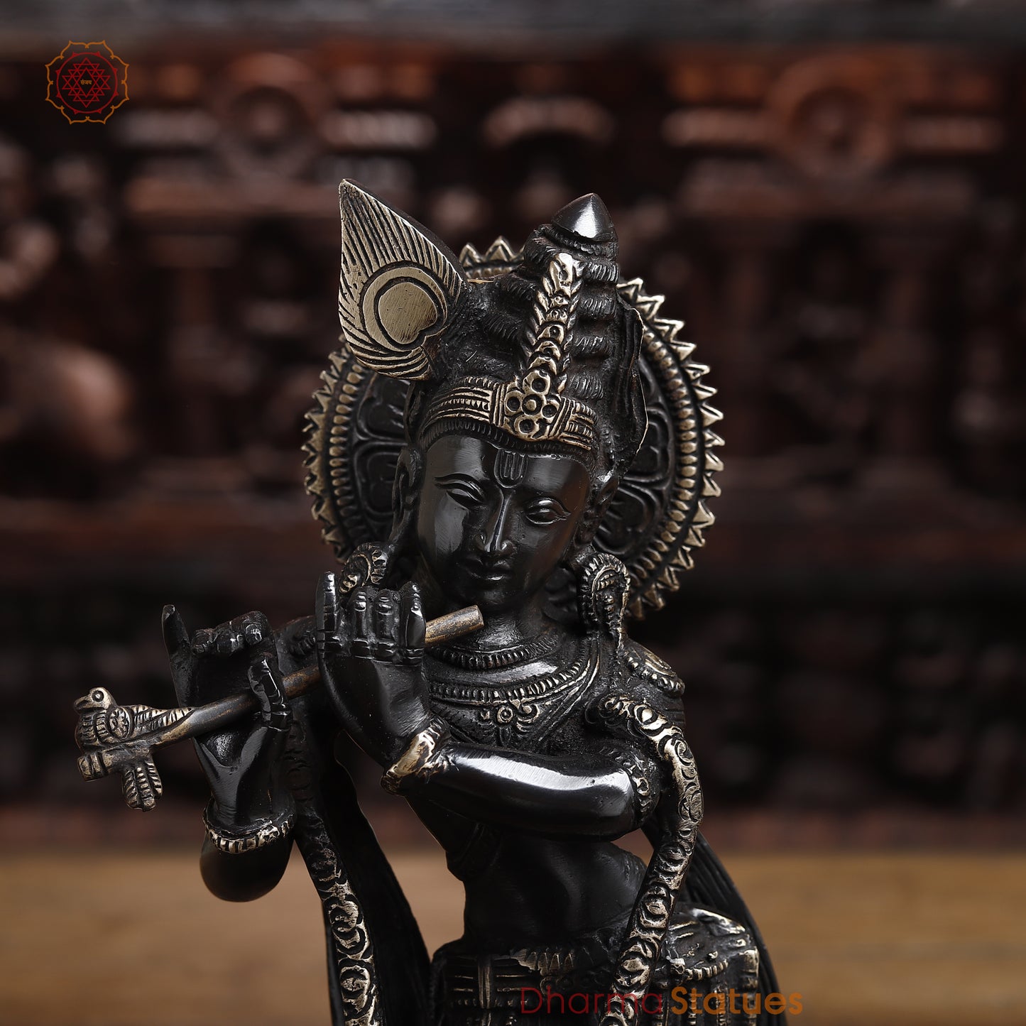 Brass Krishna Playing Flute, Black Patina & Golden Finish, 11"