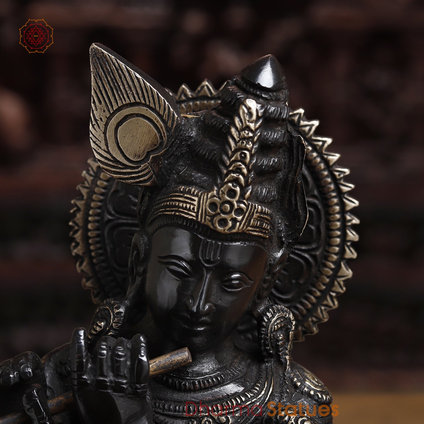 Brass Krishna Playing Flute, Black Patina & Golden Finish, 11"