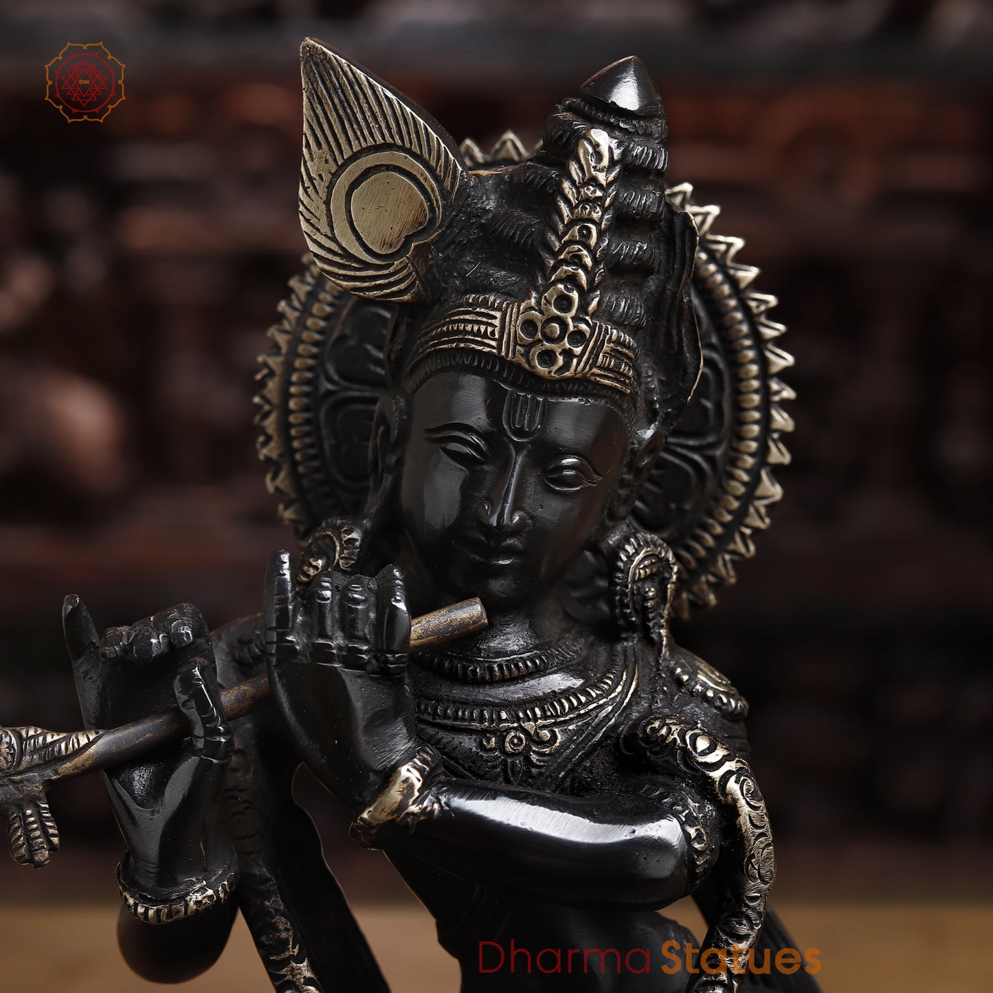 Brass Krishna Playing Flute, Black Patina & Golden Finish, 11"