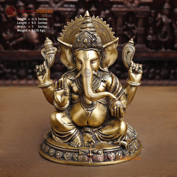 Brass Lord Ganesha Idol, Seated on a Base, Golden Fine Finish 11.5" Front View