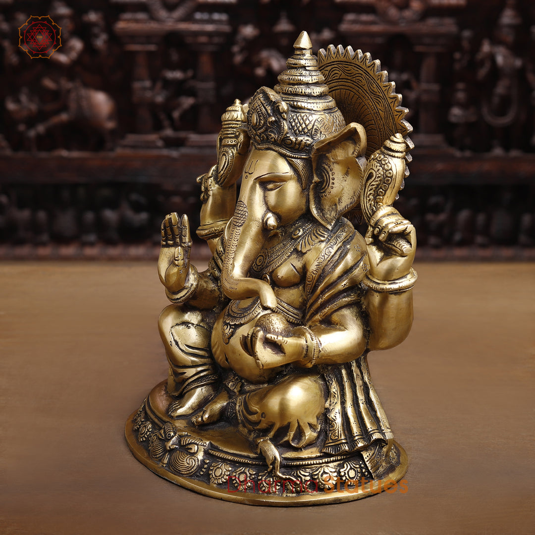 Brass Lord Ganesha Idol, Seated on a Base, Golden Fine Finish 11.5"