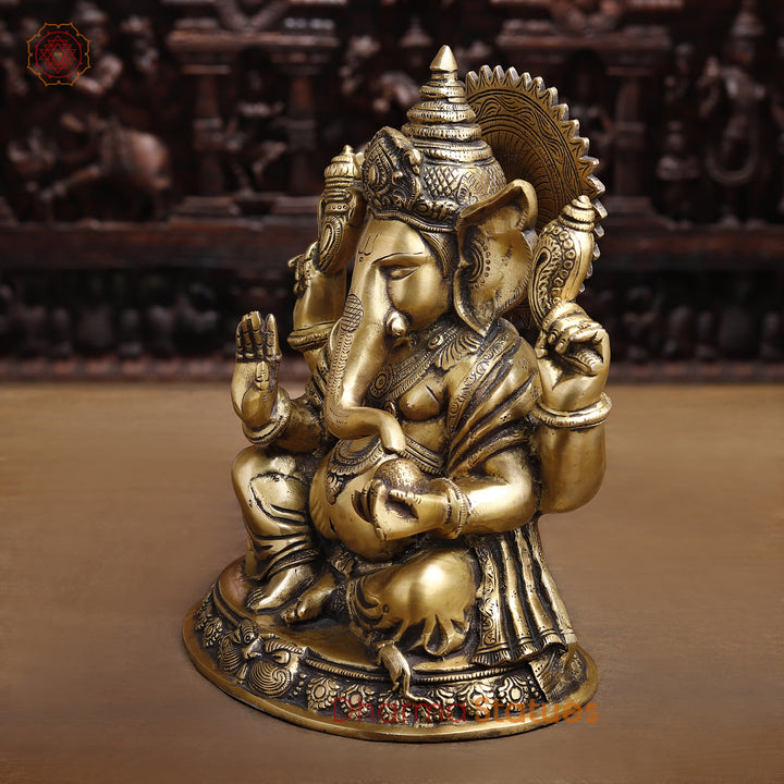 Brass Lord Ganesha Idol, Seated on a Base, Golden Fine Finish 11.5"