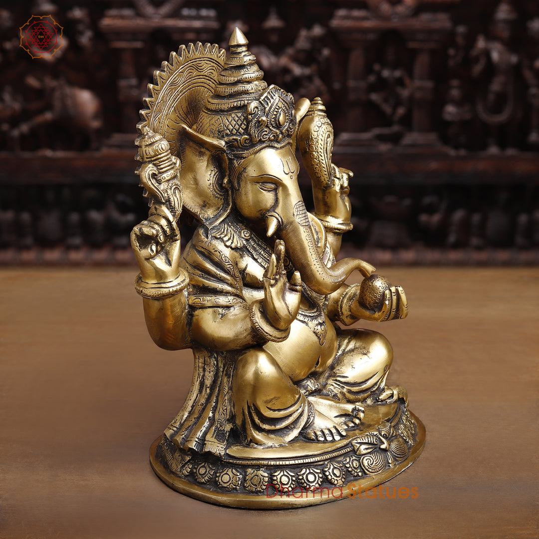 Brass Lord Ganesha Idol, Seated on a Base, Golden Fine Finish 11.5"