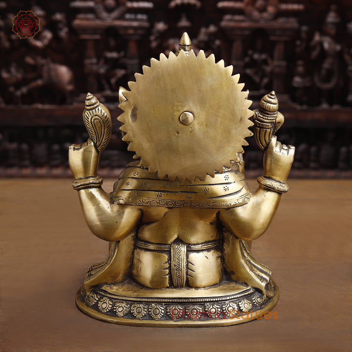 Brass Lord Ganesha Idol, Seated on a Base, Golden Fine Finish 11.5"