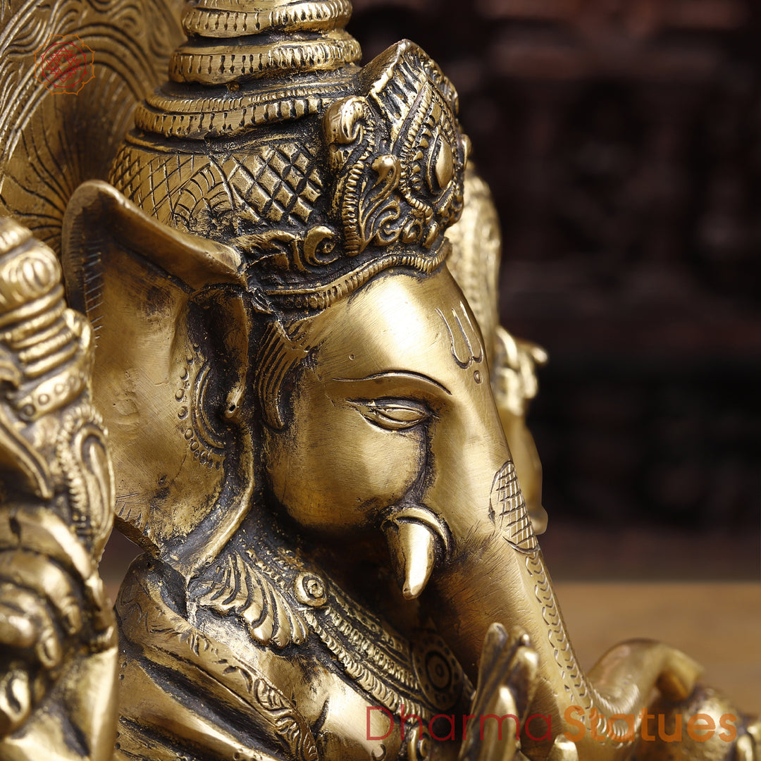 Brass Lord Ganesha Idol, Seated on a Base, Golden Fine Finish 11.5"