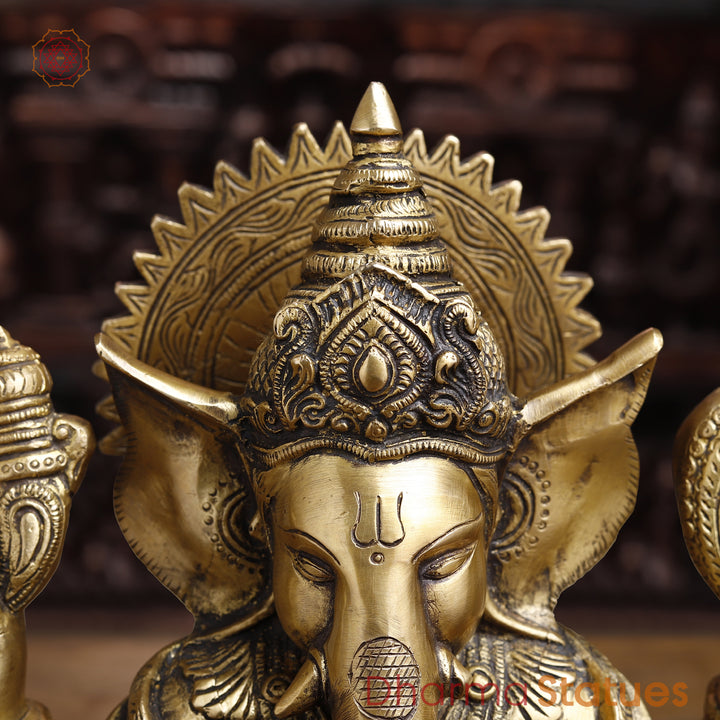 Brass Lord Ganesha Idol, Seated on a Base, Golden Fine Finish 11.5"