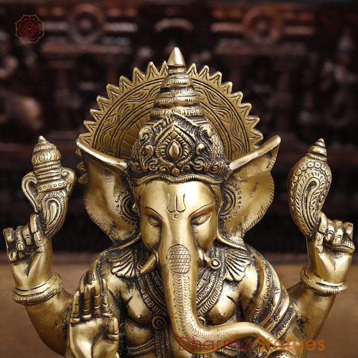 Brass Lord Ganesha Idol, Seated on a Base, Golden Fine Finish 11.5"