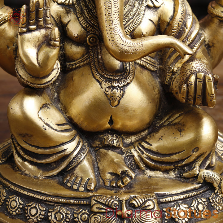 Brass Lord Ganesha Idol, Seated on a Base, Golden Fine Finish 11.5"