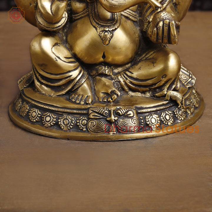 Brass Lord Ganesha Idol, Seated on a Base, Golden Fine Finish 11.5"