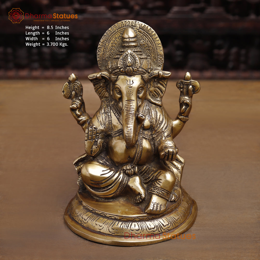 Brass Lord Ganesha Idol, Seated In Blessing Pose, Fine Gold Finish 8.5" Front View