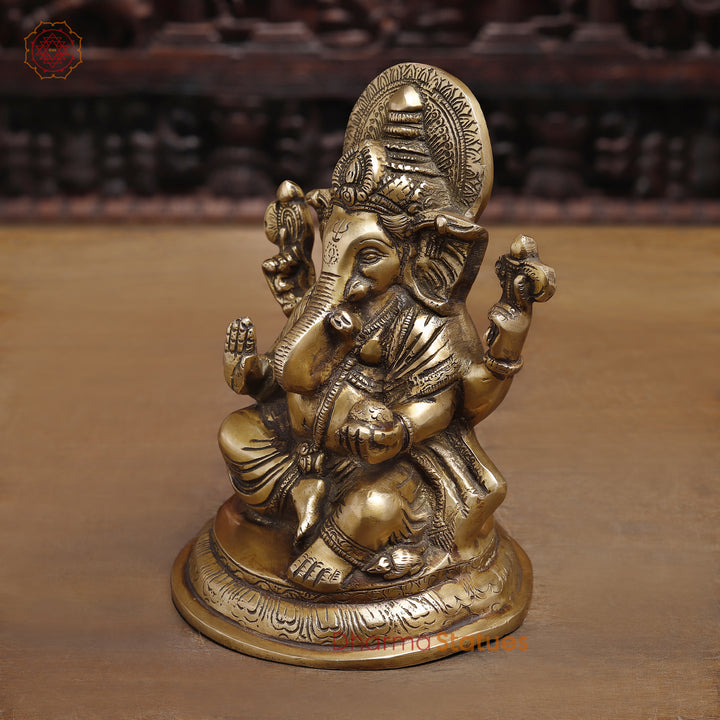 Brass Lord Ganesha Idol, Seated In Blessing Pose, Fine Gold Finish 8.5"