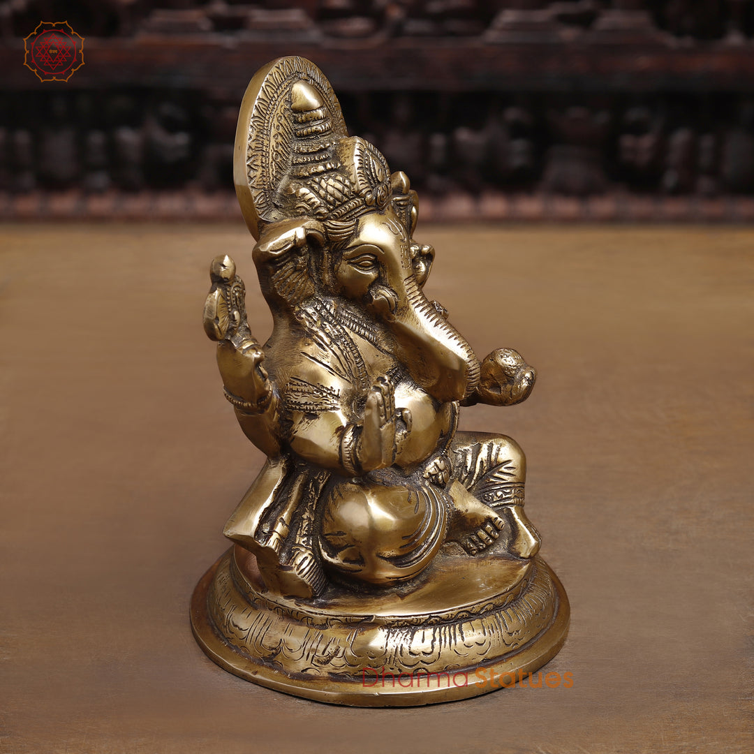 Brass Lord Ganesha Idol, Seated In Blessing Pose, Fine Gold Finish 8.5"