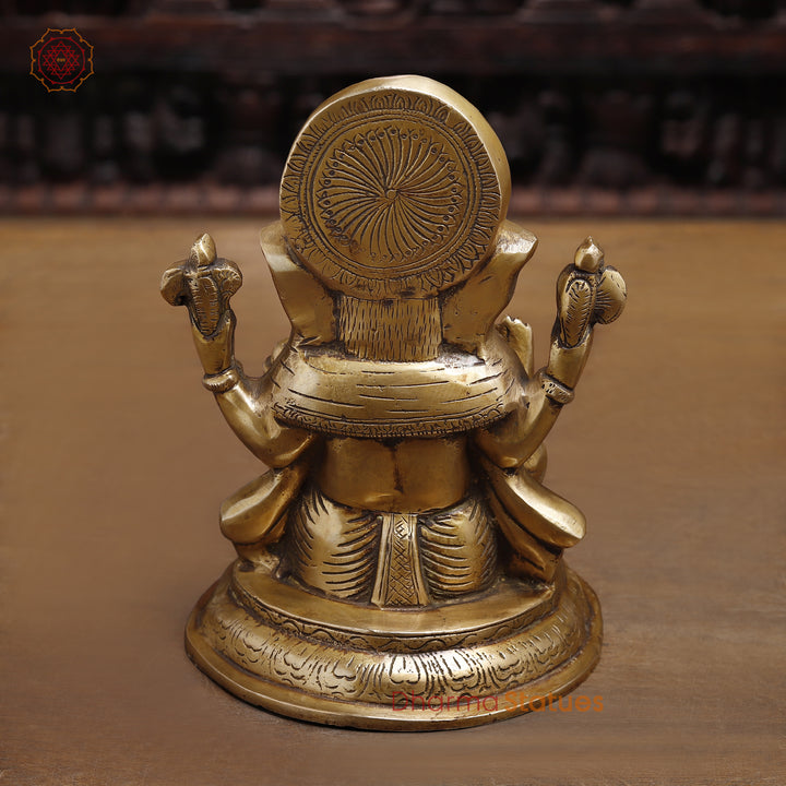 Brass Lord Ganesha Idol, Seated In Blessing Pose, Fine Gold Finish 8.5"