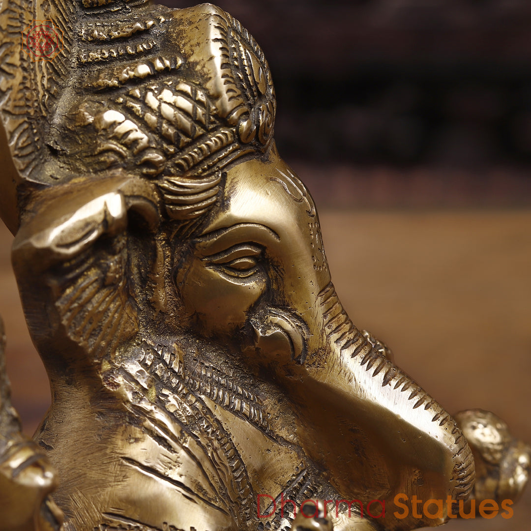 Brass Lord Ganesha Idol, Seated In Blessing Pose, Fine Gold Finish 8.5"