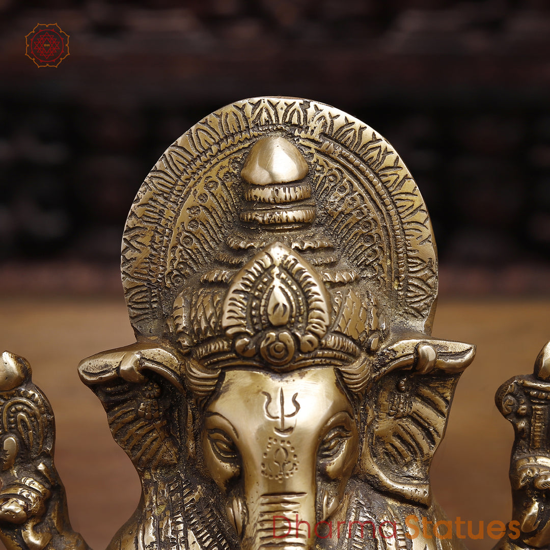 Brass Lord Ganesha Idol, Seated In Blessing Pose, Fine Gold Finish 8.5"