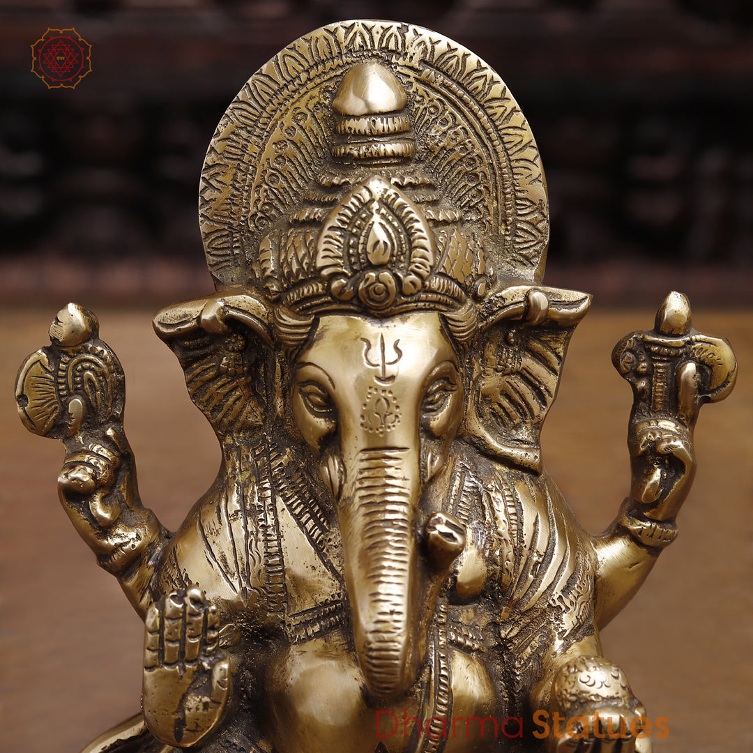 Brass Lord Ganesha Idol, Seated In Blessing Pose, Fine Gold Finish 8.5"