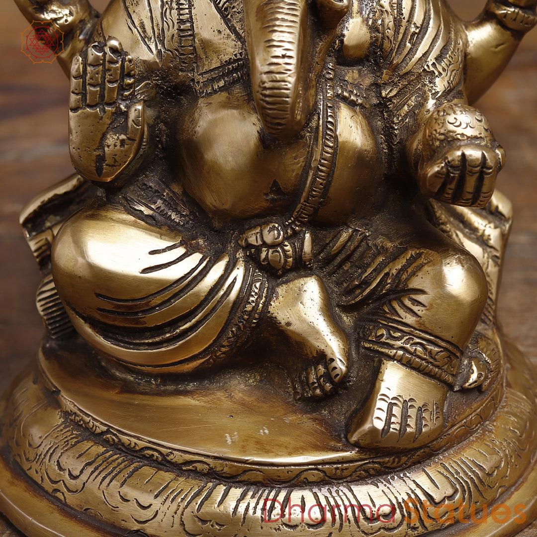 Brass Lord Ganesha Idol, Seated In Blessing Pose, Fine Gold Finish 8.5"