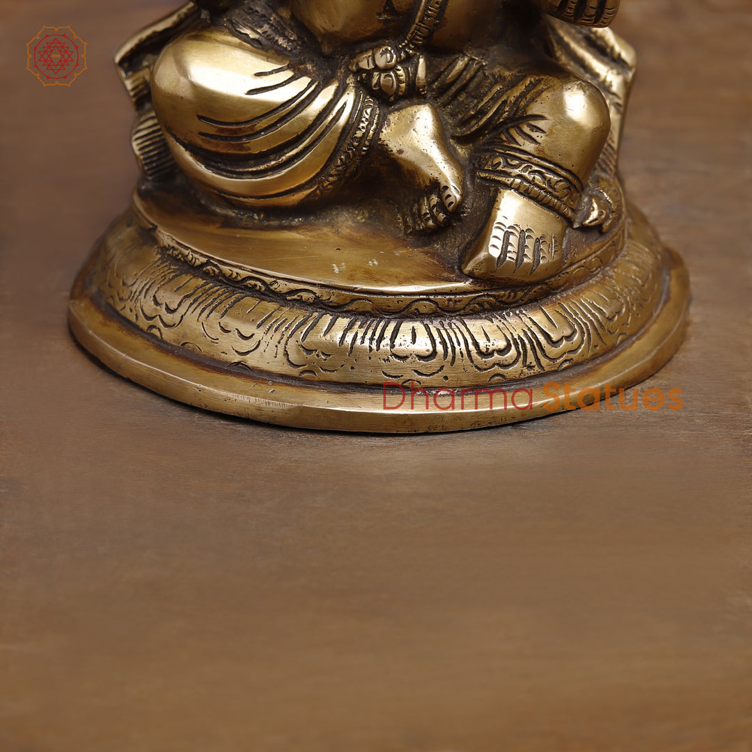 Brass Lord Ganesha Idol, Seated In Blessing Pose, Fine Gold Finish 8.5"