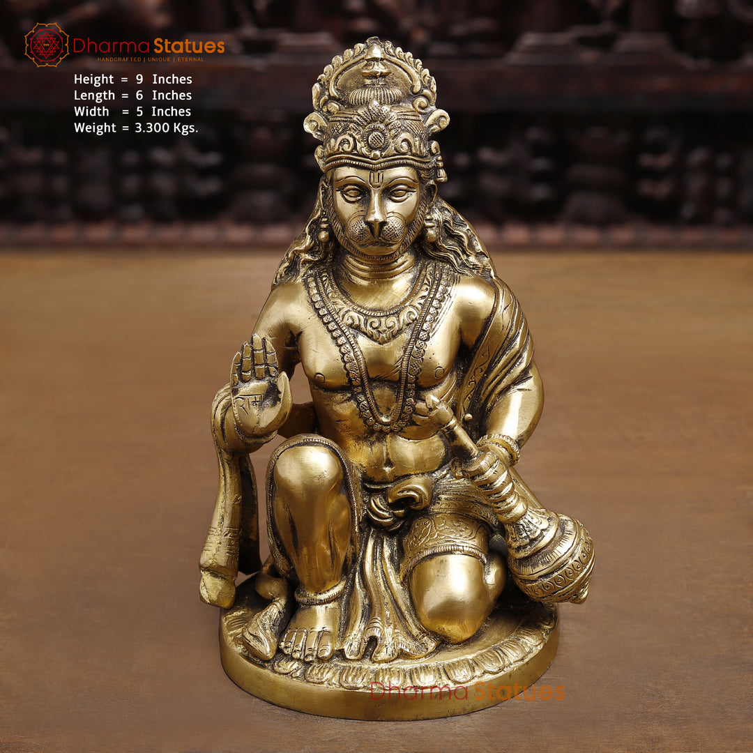 Brass Lord Hanuman Statue, Blessing Hanuman, golden Fine Finish 9" Front View