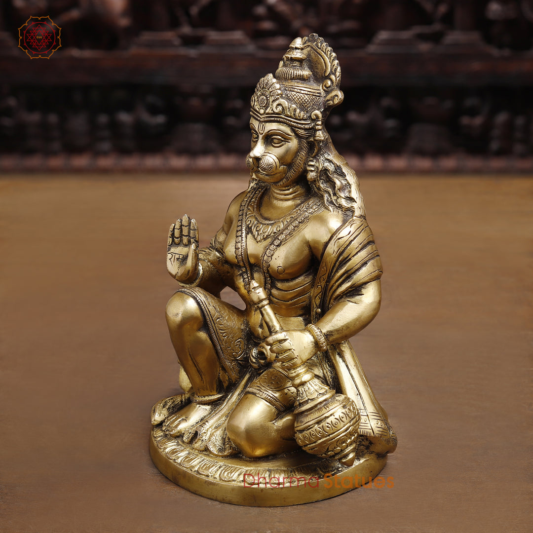 Brass Lord Hanuman Statue, Blessing Hanuman, golden Fine Finish 9"