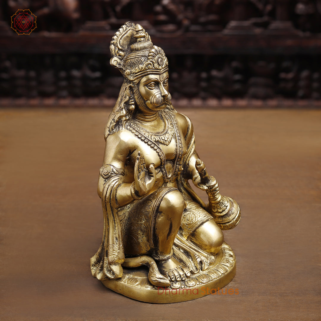 Brass Lord Hanuman Statue, Blessing Hanuman, golden Fine Finish 9"