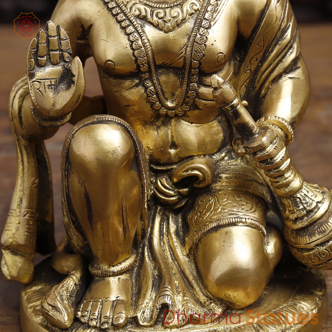 Brass Lord Hanuman Statue, Blessing Hanuman, golden Fine Finish 9"