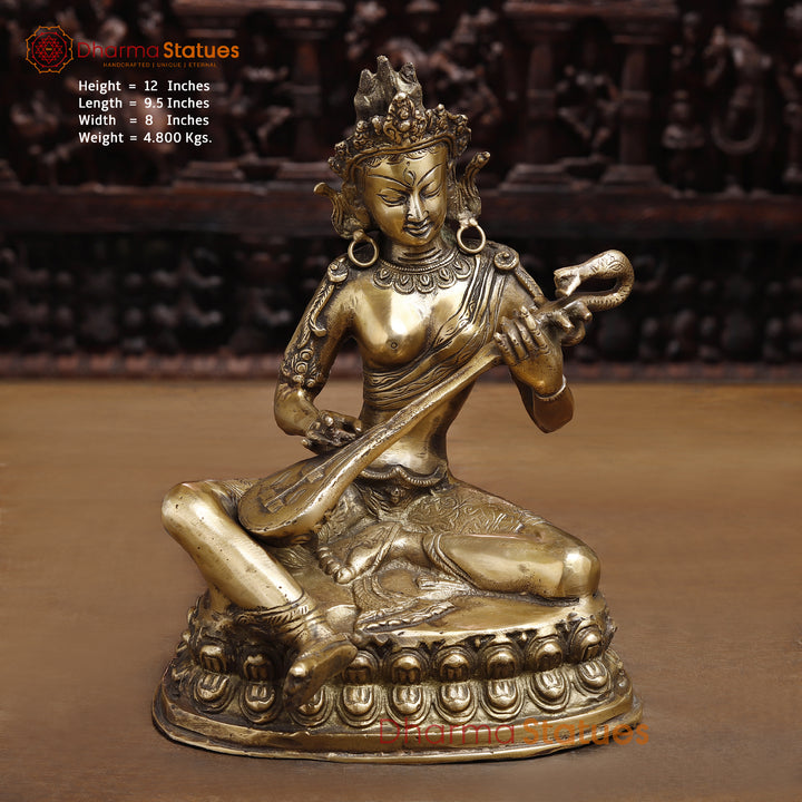 Brass Saraswati Statue, Holding Sitar, Fine Golden Finish 12"