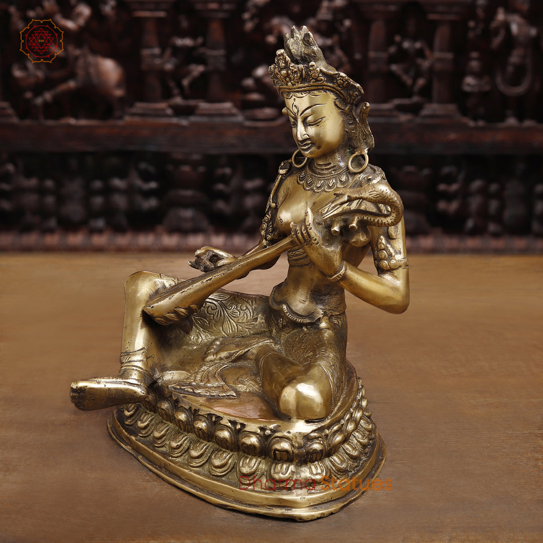 Brass Saraswati Statue, Holding Sitar, Fine Golden Finish 12"