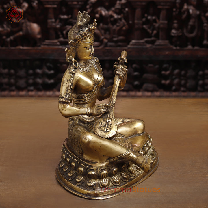 Brass Saraswati Statue, Holding Sitar, Fine Golden Finish 12"