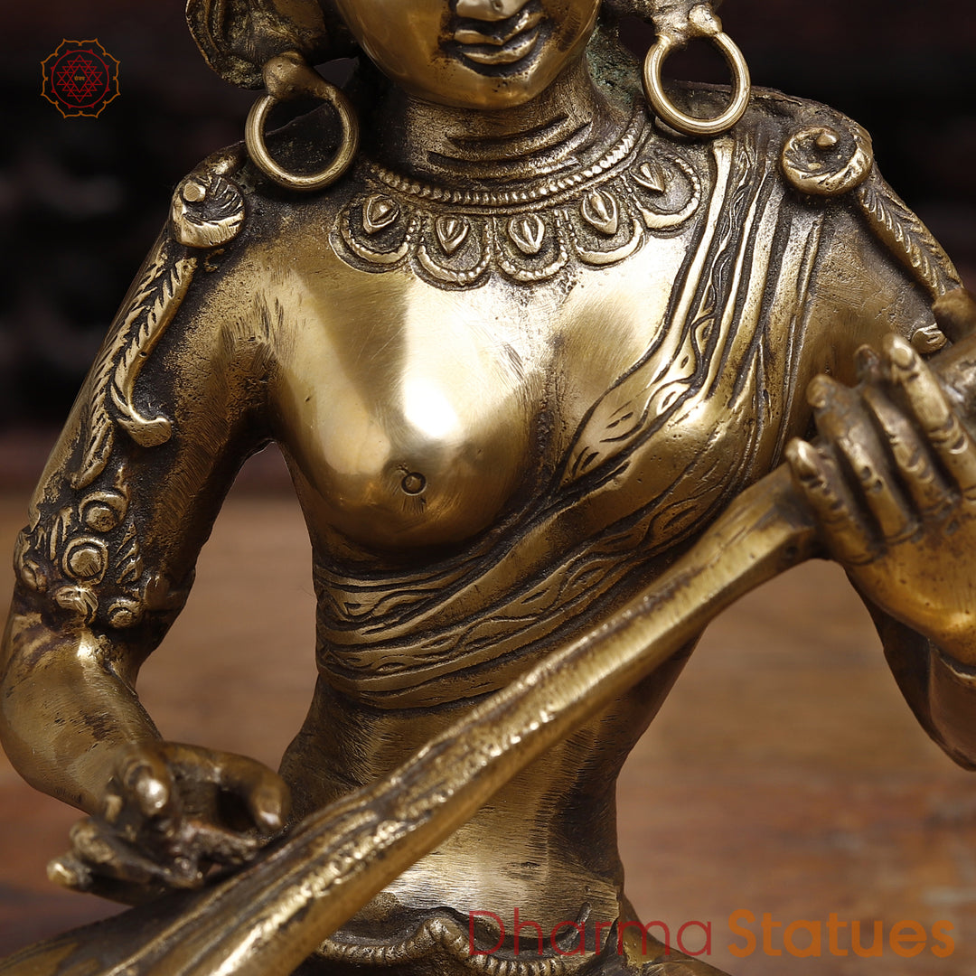 Brass Saraswati Statue, Holding Sitar, Fine Golden Finish 12"