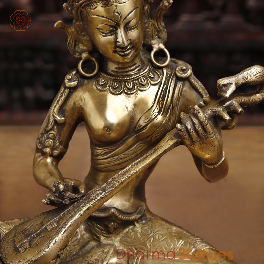 Brass Saraswati Statue, Holding Sitar, Fine Golden Finish 12"