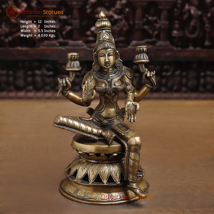 Brass Goddess Lakshmi Statue, Sitting on a Lotus, Fine Golden Finish 12"